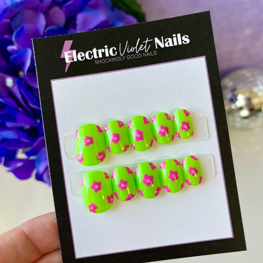 Pink and Green Flower Child Press-on Nails (Size L)
