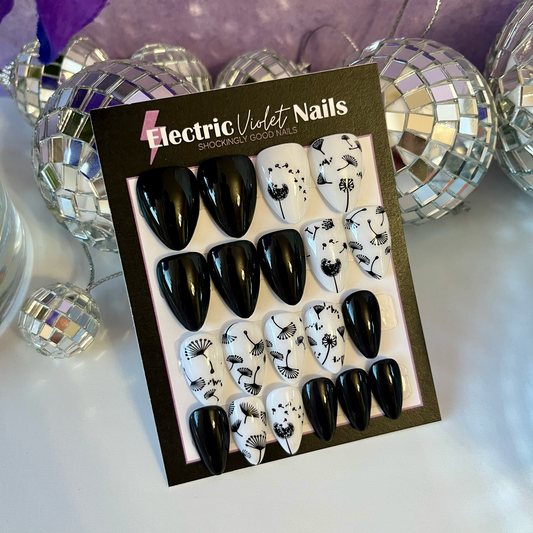 black and white press-on nail set on xtra short almond shape