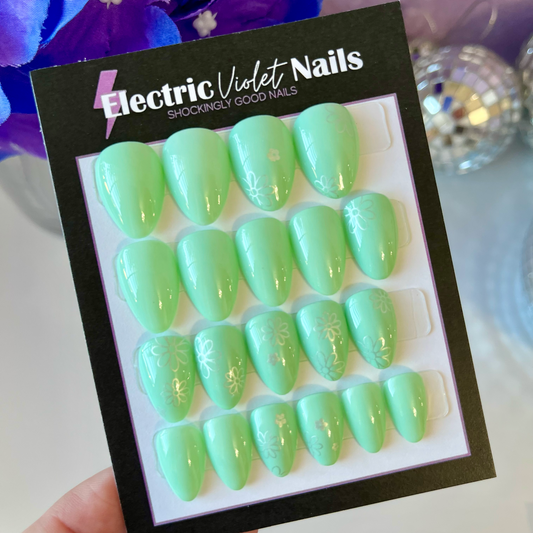 Xtra Short Almond Green Chrome Flowers Press-on Nail Set