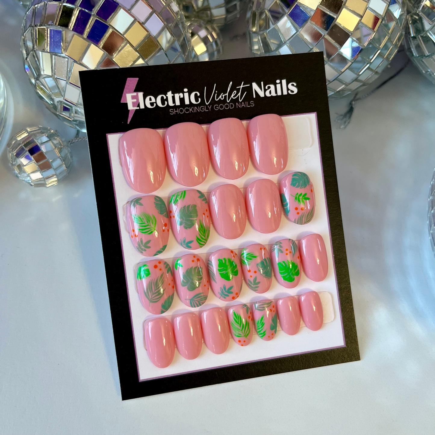 XS Oval Pink & Green Leaf Press-on Nail Set