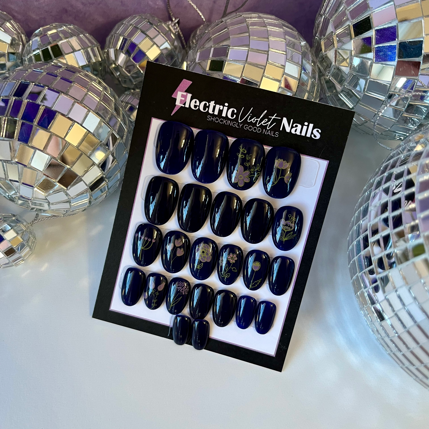 XS Oval Navy & Pink Florals Press-on Nail Set