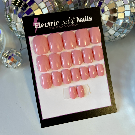pink hand painted press on nails. xtra xtra short squoval
