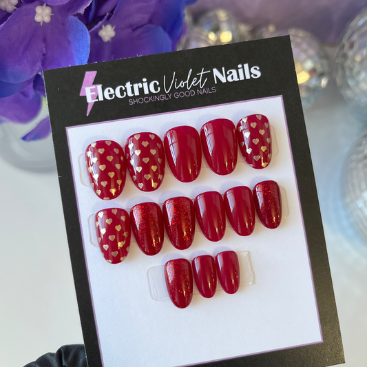 Red & Gold Hearts Press-on Nail Set Size (XS/S)
