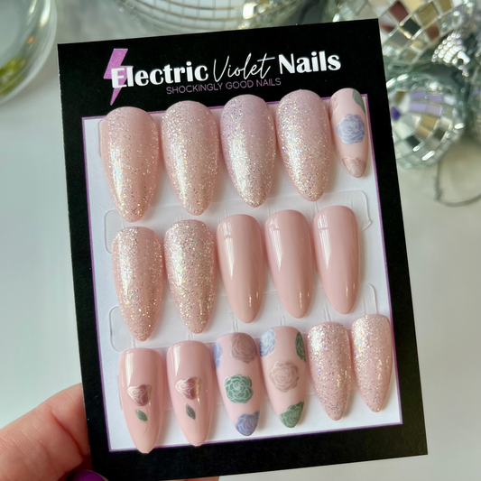 Nude and Pastel Rose Floral Press-on Nail Set