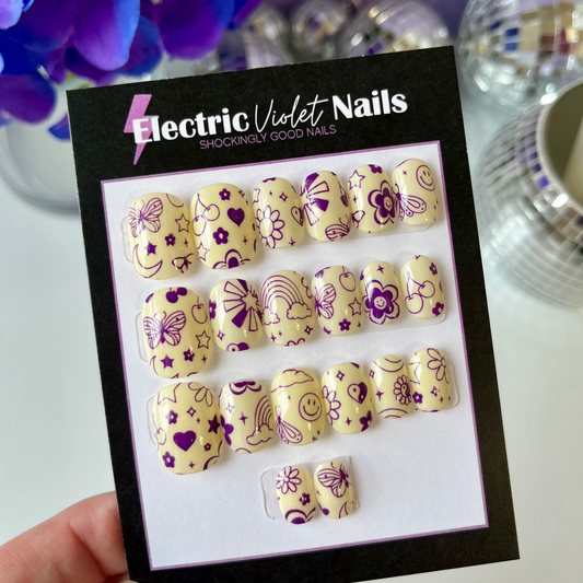 Pale Yellow & Purple Child Press-on Nails (Size M/L)