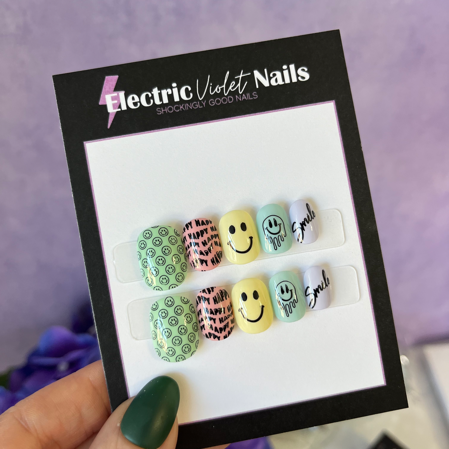 Pastel color child press-on nails with smiley face desgins