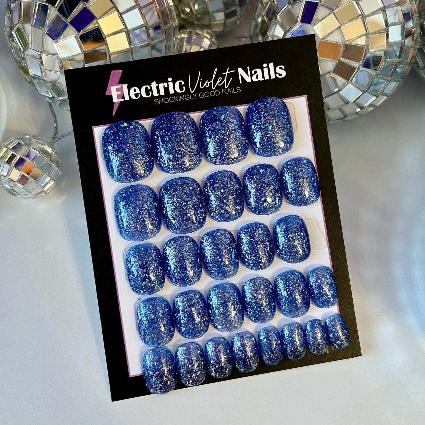 blue glitter short squoval press-on nails